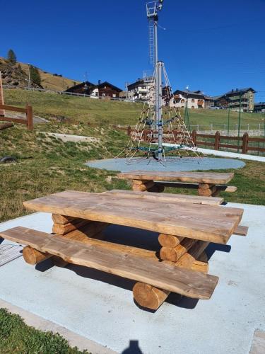 a wooden picnic table with a metal structure on top at Pianeta Oro Chalet Allegra in Livigno