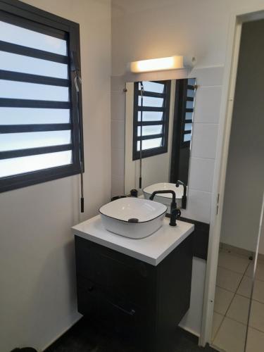 a bathroom with a sink and a mirror at Chambre avec salle de bain, WC et terrasse in Étang-Salé