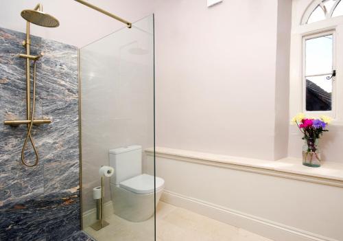 a bathroom with a toilet and a glass shower stall at Upside Lodge - Beautiful cottage sleeps 6 near Bath Frome in Shepton Mallet
