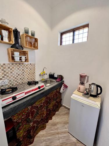 a kitchen with a counter with a sink and a refrigerator at Gadea Boutique Hotel& Gadea Garden Italian Restaurant in Jambiani