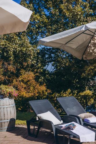 two chairs and an umbrella on a patio at Agriturismo Montevecchio Isolani in Monte San Pietro