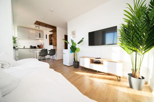 a bedroom with two beds and a tv on a wall at Studio WHITE - Central - Balcony - Fair - Kitchen in Neuss