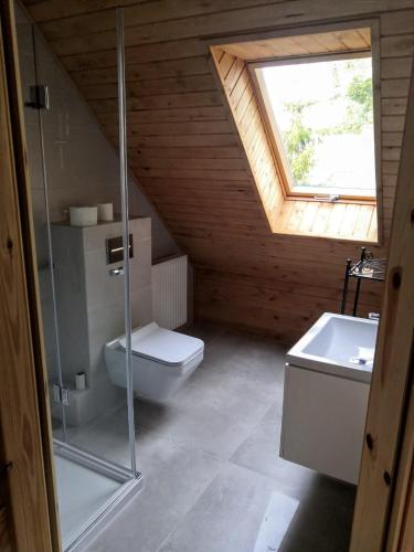 a bathroom with a toilet and a sink in a attic at Pod Żywotnikami in Białowieża