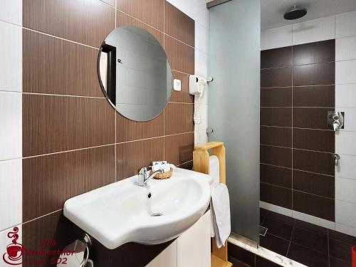 a bathroom with a sink and a mirror at Vila Dorobantilor in Cluj-Napoca