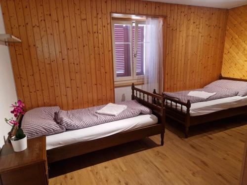 two twin beds in a room with wooden walls at Haus Krone Whg 1 in Gurtnellen