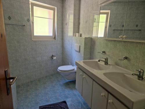 W łazience znajduje się umywalka, toaleta i lustro. w obiekcie Haus Krone Whg 1 w mieście Gurtnellen