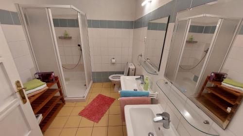 uma casa de banho com 2 lavatórios, um chuveiro e um WC. em Pavlov24-Venkovský dům em Pavlov