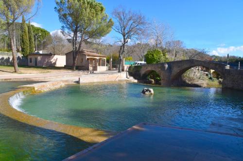 un chien nageant dans une rivière avec un pont dans l'établissement HUMAN HOTEL RESTAURANT Park, à Villecroze