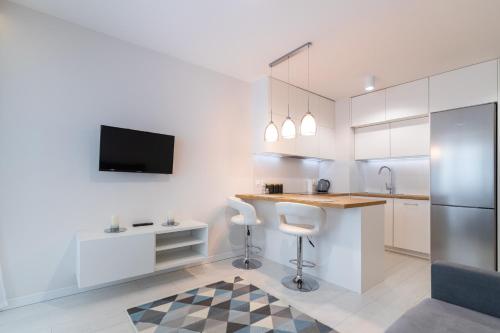 ビャウィストクにあるApartment Royal VIII - Łąkowa 1のキッチン(カウンター、シンク、冷蔵庫付)