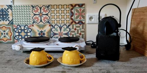 eine Küche mit drei gelben Enten in Schüsseln vor einem Herd in der Unterkunft Staying with the artist in Teuven