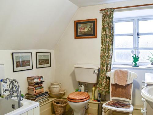 a bathroom with a toilet and a sink and a window at Hoopers Farmhouse in Tilshead