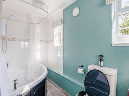 a blue bathroom with a tub and a sink at Elsies Cottage in Pontesbury