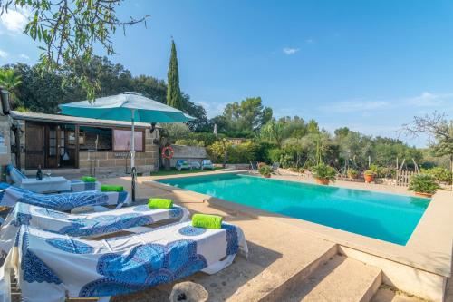 a swimming pool with lounge chairs and an umbrella at Finca Son Matginet 18 in Sineu