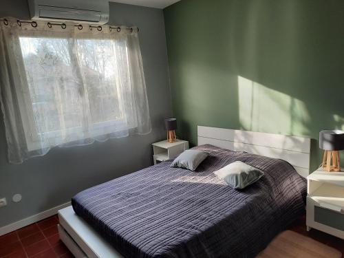 - une chambre avec un lit avec deux oreillers et une fenêtre dans l'établissement Maison sur 2000m² d'espace vert., à Bassan