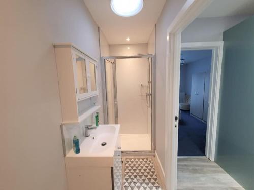 a bathroom with a white sink and a shower at Priory Annex Guest Accommodation Lincoln in Lincolnshire