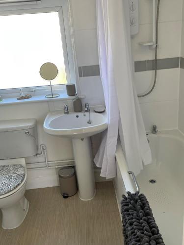 a bathroom with a sink and a toilet and a window at Cheerful - 2 bedroom home in St Ives. in St Ives