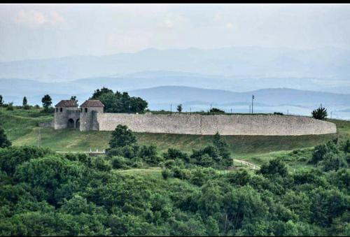 an old building on top of a green hill at Vatra Strabunilor in Moigrad