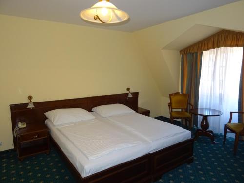 a bedroom with a bed and a table and a window at Hotel Certovka in Prague