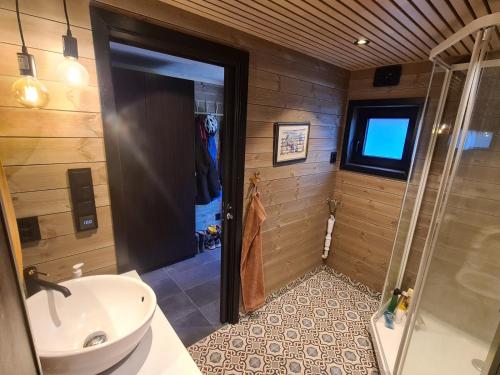 La salle de bains est pourvue d'une douche, d'un lavabo et de toilettes. dans l'établissement Ekornredet (The Squirrel Nest), à Kongsberg