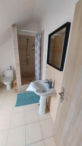 a bathroom with a sink and a shower and a toilet at Apartmán pre 5 osôb, 2 spálne, Banská Bystrica Podlavice 24h self checkin in Banská Bystrica