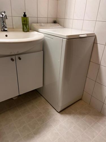 uma casa de banho branca com um lavatório e uma máquina de lavar roupa em Kelomaja Ylläs em Äkäslompolo