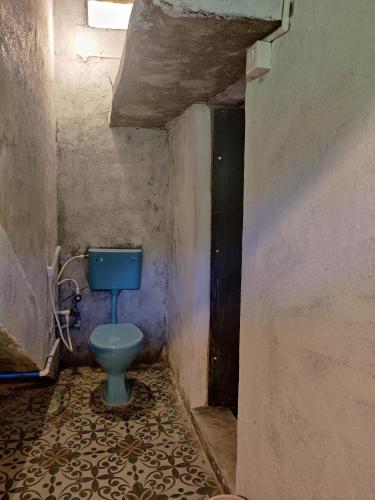 a bathroom with a blue toilet in a room at The Gravity Cafe -A Unit Of StayChillHampi in New Hampi