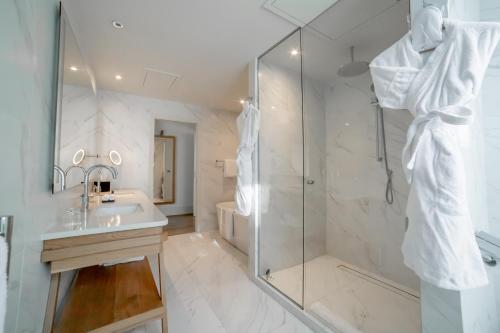a bathroom with a shower and a sink and a glass shower stall at Le Grand Pavillon Chantilly in Chantilly