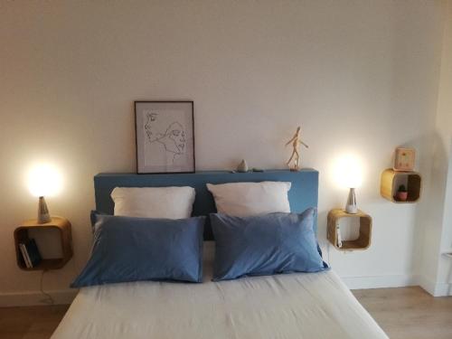 - un lit avec des oreillers bleus et blancs dans l'établissement Appartement '' L'Ossau '' hyper centre Place Clémenceau, à Pau