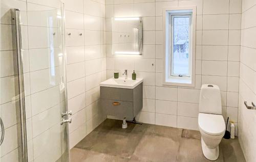 a bathroom with a toilet and a sink and a shower at Åreskutans Fjällstuga in Huså