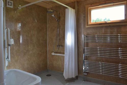 a bathroom with a shower and a tub and a sink at Fern Lodge - Luxury Lodge with steamroom in Perthshire in Perth