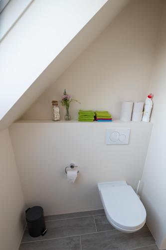 a white toilet in a bathroom under a roof at Logies Ternier in Nieuwpoort