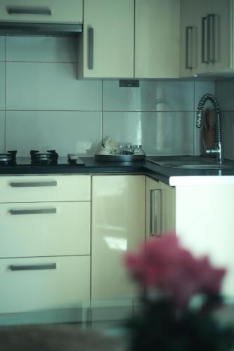 a kitchen with white counters and white cabinets at Zielono Mi Apartament z kominkiem & Pokoje z pięknym widokiem in Janowiec