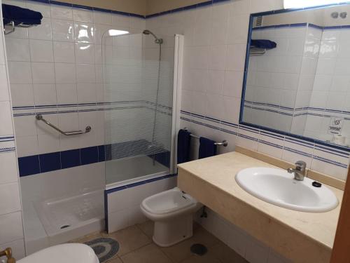 a bathroom with a sink and a shower and a toilet at Apartamentos Natural Park in Puerto Rico de Gran Canaria