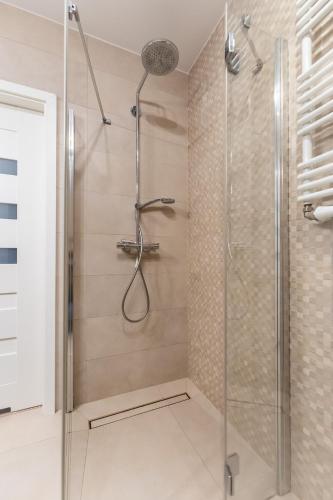 a shower with a glass door in a bathroom at Przystań Koło Brzegu in Kołobrzeg