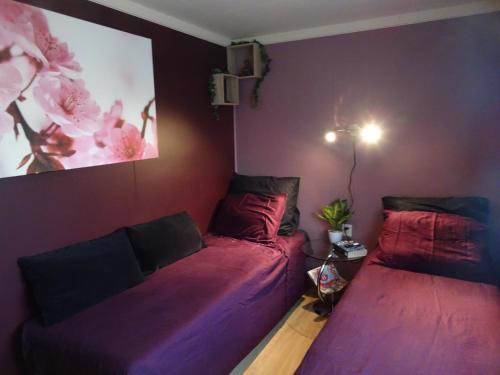 2 łóżka w pokoju z fioletowymi ścianami w obiekcie Veluwe Park Reewold Chalet Talisman w mieście Putten
