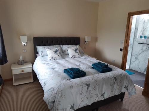 a bedroom with a bed with two blue towels on it at Ty Carreg Bach in Llanrwst