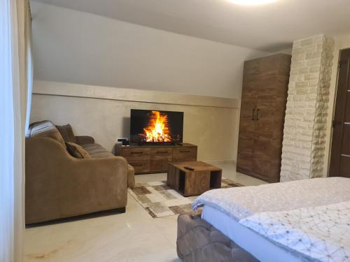 a living room with a couch and a fireplace at Vila Oaza mira Draganići in Raška