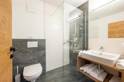 uma casa de banho com um lavatório, um WC e um chuveiro em Berggasthof Höllenstein em Wagrain