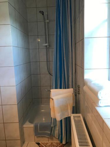 a bathroom with a shower and a tub with a towel at Doppelzimmer vom Friesenhof Wieratal 