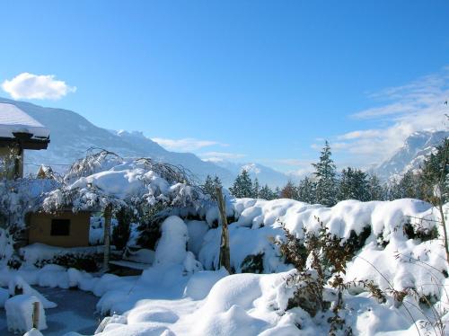 a yard covered in snow with mountains in the background at B&B à la Madeleine in Vétroz