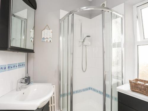 un baño con ducha y lavabo en Bodfan - Morfa Nefyn, en Pwllheli