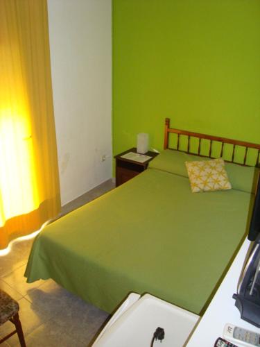 a green bedroom with a bed and a television at Hostal Durán in Alora