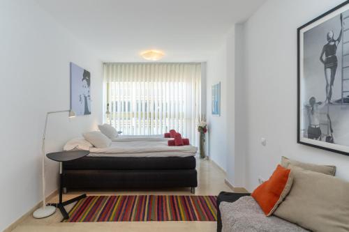 ein Wohnzimmer mit einem Bett und einem Sofa in der Unterkunft Unique first line apartment in Marbella