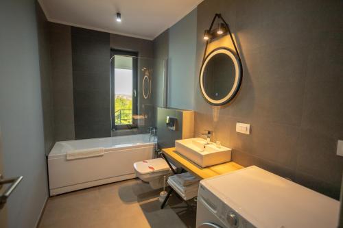 a bathroom with a sink and a toilet and a tub at Oliv Residence in Iaşi