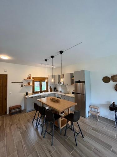 a large kitchen with a wooden table and chairs at Paralia Homes peaceful 2 bedroom, unit # 2 in Kriopigi
