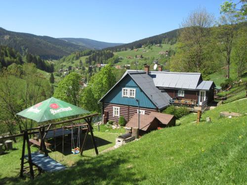 una casa en una colina con techo verde en Horska chalupa u Kulisu, en Velká Úpa