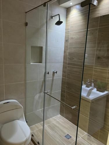 a bathroom with a shower with a toilet and a sink at LD House Flora in Cali