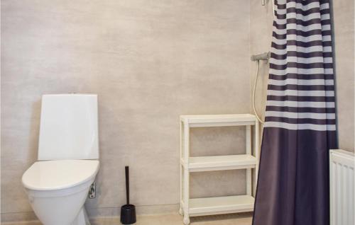a bathroom with a toilet and a shower curtain at Stunning Apartment In Frjestaden With Wifi in Färjestaden