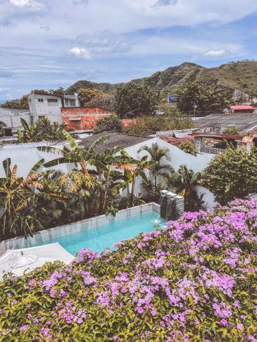 a view of a swimming pool with purple flowers at Casa Celeste Honda in Honda