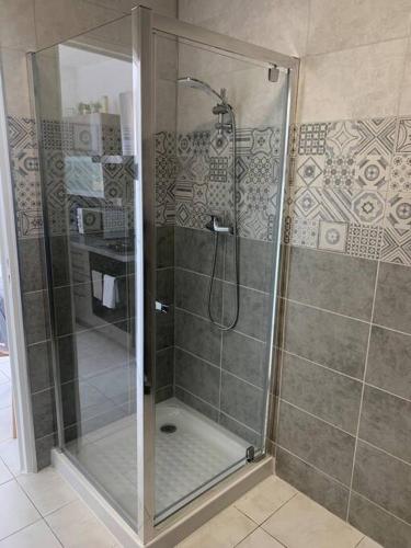 La salle de bains est pourvue d'une douche avec une porte en verre. dans l'établissement Appartement 35m2 climatisé a 10 min d’Ajaccio, à Alata
